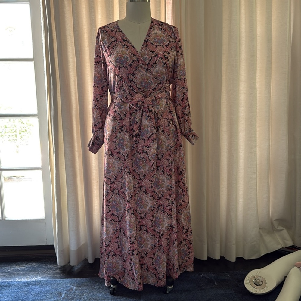 Elegant Pink Wrap Maxi Dress with Bishop Sleeves